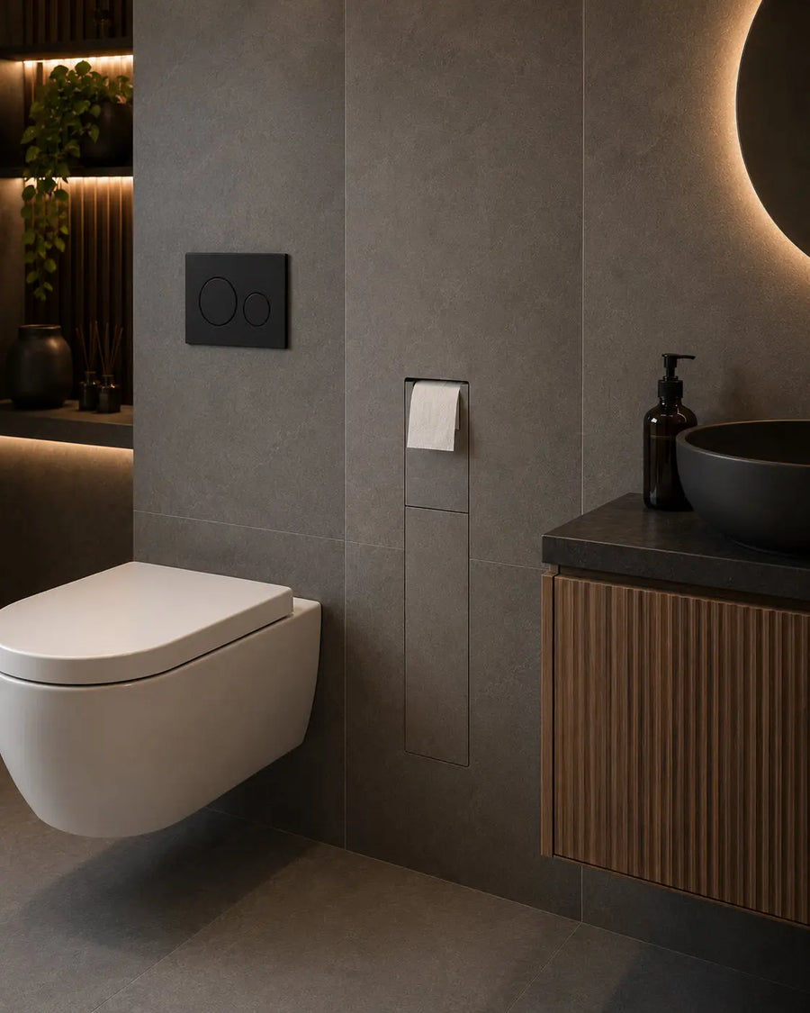 Eingebautes Wandbündiges Toilettenbürsten- und Toilettenpapierhalter-Set everythingflush